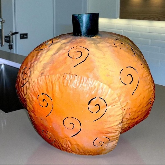 Vintage Halloween Huge Punched Tin Metal Jack O Lantern Pumpkin Candle Holder - Picture 3 of 5
